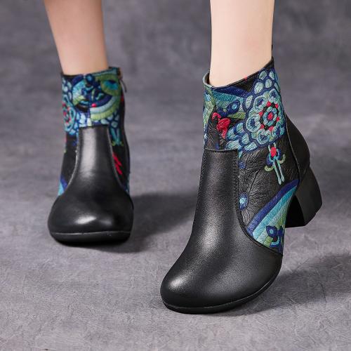 5389嫔妃丽人头层牛皮罗马风粗跟舒适民族复古文艺加棉冬季个性独特女靴（胜利靴）