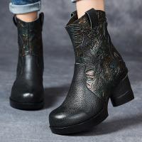 7088嫔妃丽人头层牛皮英伦风骑士风冬季靴子女中筒靴厚底民族风真皮靴马丁靴（勾子靴）