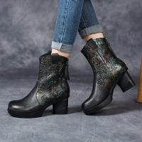 7088嫔妃丽人头层牛皮英伦风骑士风冬季靴子女中筒靴厚底民族风真皮靴马丁靴（勾子靴）