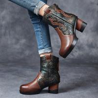 7088嫔妃丽人头层牛皮英伦风骑士风冬季靴子女中筒靴厚底民族风真皮靴马丁靴（勾子靴）