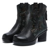 7088嫔妃丽人头层牛皮英伦风骑士风冬季靴子女中筒靴厚底民族风真皮靴马丁靴（勾子靴）