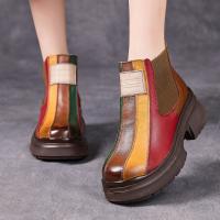 1002嫔妃丽人头层牛皮真皮英伦风粗跟厚底民族风特色舒适多色拼接舒适女士单靴（NM靴）