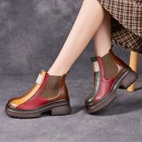 1002嫔妃丽人头层牛皮真皮英伦风粗跟厚底民族风特色舒适多色拼接舒适女士单靴（NM靴）