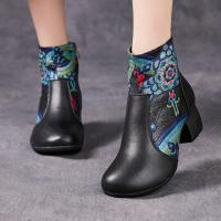 5389嫔妃丽人头层牛皮罗马风粗跟舒适民族复古文艺加棉冬季个性独特女靴（胜利靴）