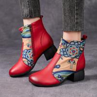 5389嫔妃丽人头层牛皮罗马风粗跟舒适民族复古文艺加棉冬季个性独特女靴（胜利靴）