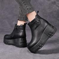 76731嫔妃丽人头层牛皮时尚简约复古厚底防水台坡跟小个子舒适百搭洋气女马丁靴（侧心靴）