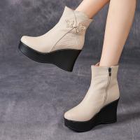 2221嫔妃丽人头层牛皮时尚小个子超高跟新中式简约中国结印花舒适文艺复古短靴（中国结靴）