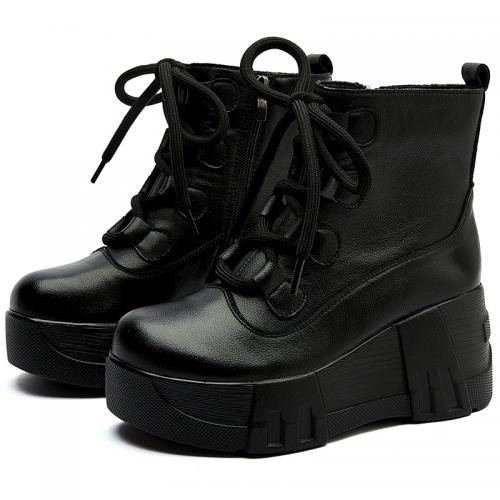 7673嫔妃丽人厚底复古马丁靴真皮女鞋松糕底圆头中老年防水台民族风粗绳短靴