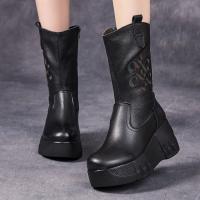 2301嫔妃丽人头层牛皮简约长靴刺绣厚底舒适复古妈妈增高小个子复古女鞋（几何靴）