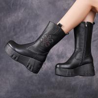 2301嫔妃丽人头层牛皮简约长靴刺绣厚底舒适复古妈妈增高小个子复古女鞋（几何靴）