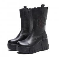 2301嫔妃丽人头层牛皮简约长靴刺绣厚底舒适复古妈妈增高小个子复古女鞋（几何靴）