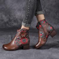 27363嫔妃丽人头层牛皮中国风时尚印花简约民族粗跟花朵舒适复古潮品女靴（花卉靴）