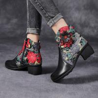 27363嫔妃丽人头层牛皮中国风时尚印花简约民族粗跟花朵舒适复古潮品女靴（花卉靴）