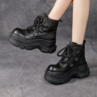 15561嫔妃丽人真皮复古厚底洋气小个子增高百搭娃娃头时尚简约加棉女士短靴（切片底靴）