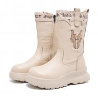 6189嫔妃丽人头层牛皮时尚浅口复古花朵西部骑士坡跟刺绣圆头加棉女靴（小猴中靴）