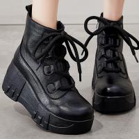 7673嫔妃丽人厚底复古马丁靴真皮女鞋松糕底圆头中老年防水台民族风粗绳短靴