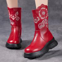 6199嫔妃丽人头层牛皮时尚简约刺绣花朵真皮中筒保暖加绒舒适厚底复古女靴（艾莎玫瑰靴）