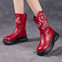 6199嫔妃丽人头层牛皮时尚简约刺绣花朵真皮中筒保暖加绒舒适厚底复古女靴（艾莎玫瑰靴）