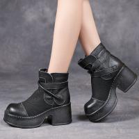 6099-1嫔妃丽人头层牛皮网面增高复古春秋罗马时尚粗跟厚底百搭女凉靴（亚沙凉鞋）