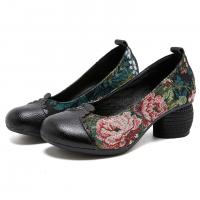 2188嫔妃丽人头层牛皮特色民族个性晕染花朵粗跟简单百搭小单鞋（大玫瑰单鞋）