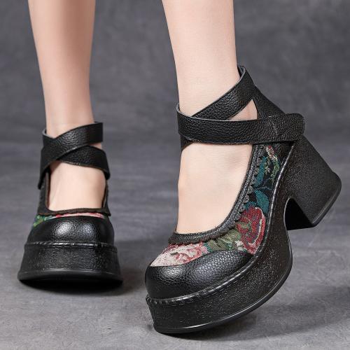 5289嫔妃丽人头层牛皮时尚复古新国风中式复古简约民族风粗跟舒适女单鞋（云杉单鞋）偏大半码