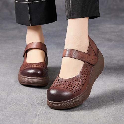 55083-2嫔妃丽人头层牛皮坡跟复古圆头简约镂空透气洞洞鞋民族风浅口女凉鞋（鼓型凉鞋）