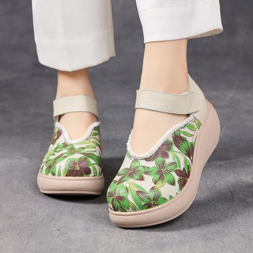 55083-5嫔妃丽人真皮新中式古风民族坡跟舒适猪皮印花百搭田园风小个子特色女士单鞋（绣球单鞋） 预售