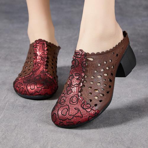 9188嫔妃丽人原创头层牛皮复古风粗跟镂空舒适百搭个性民族风包头拖鞋（鳞片拖鞋）