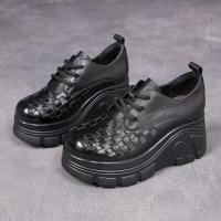 52696嫔妃丽人头层牛皮新中式复古风简约编织厚底小个子百搭舒适英伦风软皮软面女单鞋（穿线单鞋）