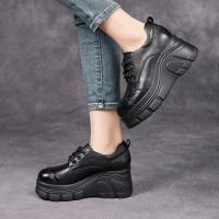 52693嫔妃丽人头层牛皮复古风深口英伦风女士厚底增高小个子软皮软面舒适休闲单鞋（ALI单鞋）