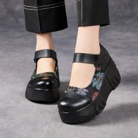 6388嫔妃丽人头层牛皮新中式国风复古简约绘画民族风坡跟厚底舒适女士单鞋（丁香单鞋）预售款