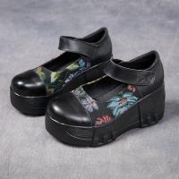 6388嫔妃丽人头层牛皮新中式国风复古简约绘画民族风坡跟厚底舒适女士单鞋（丁香单鞋）预售款