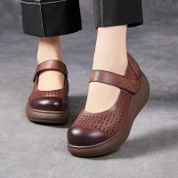 55083-2嫔妃丽人头层牛皮坡跟复古圆头简约镂空透气洞洞鞋民族风浅口女凉鞋（鼓型凉鞋）