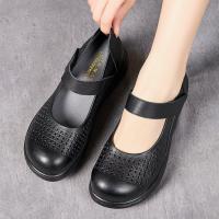 55083-2嫔妃丽人头层牛皮坡跟复古圆头简约镂空透气洞洞鞋民族风浅口女凉鞋（鼓型凉鞋）