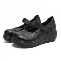 55083-2嫔妃丽人头层牛皮坡跟复古圆头简约镂空透气洞洞鞋民族风浅口女凉鞋（鼓型凉鞋）