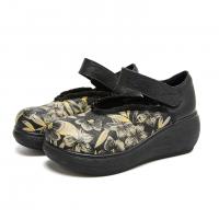 55083-5嫔妃丽人真皮新中式古风民族坡跟舒适猪皮印花百搭田园风小个子特色女士单鞋（绣球单鞋） 预售