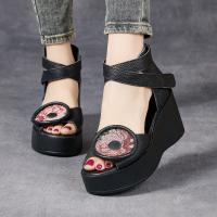 6018嫔妃丽人头层牛皮复古罗马风绑带舒适小个子增高8cm厚底民族风凉鞋（赵粉凉鞋）