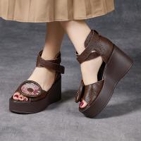 6018嫔妃丽人头层牛皮复古罗马风绑带舒适小个子增高8cm厚底民族风凉鞋（赵粉凉鞋）