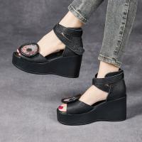 6018嫔妃丽人头层牛皮复古罗马风绑带舒适小个子增高8cm厚底民族风凉鞋（赵粉凉鞋）