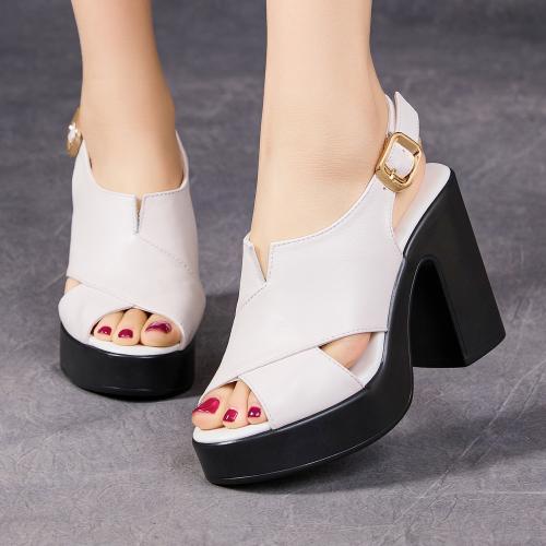 79031嫔妃丽人头层牛皮时尚舒适轻便百搭10cm英伦风复古超高跟搭扣凉鞋（交叉扣凉鞋）