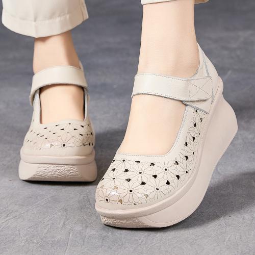 2538嫔妃丽人头层牛皮浅口洞洞镂空舒适百搭复古风厚底增高简约增高女凉鞋（瑞白凉鞋）