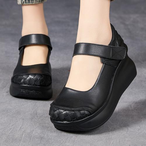 2516嫔妃丽人头层牛皮厚底坡跟简约舒适百搭复古民族风增高学院风单鞋（平编单鞋）