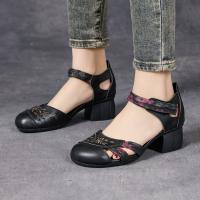 9189嫔妃丽人头层牛皮印花粗跟民族风古风舒适轻便镂空学院风女凉鞋（花心凉鞋）