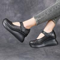 2538嫔妃丽人头层牛皮浅口洞洞镂空舒适百搭复古风厚底增高简约增高女凉鞋（瑞白凉鞋）