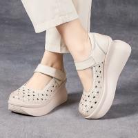 2538嫔妃丽人头层牛皮浅口洞洞镂空舒适百搭复古风厚底增高简约增高女凉鞋（瑞白凉鞋）