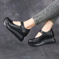 2516嫔妃丽人头层牛皮厚底坡跟简约舒适百搭复古民族风增高学院风单鞋（平编单鞋）