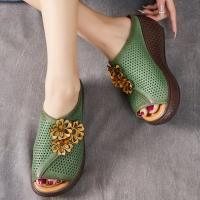 51866-2嫔妃丽人头层牛皮厚底学院风田园复古风舒适百搭特色花朵女士拖鞋（三文雏菊拖鞋 ）预售款