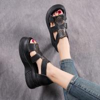 1152嫔妃丽人头层牛皮民族风鱼嘴女复古风坡跟厚底镂空增高舒适休闲凉鞋（印花小星升级版）