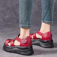 1152嫔妃丽人头层牛皮民族风鱼嘴女复古风坡跟厚底镂空增高舒适休闲凉鞋（印花小星升级版）