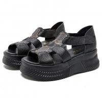 1152嫔妃丽人头层牛皮民族风鱼嘴女复古风坡跟厚底镂空增高舒适休闲凉鞋（印花小星升级版）